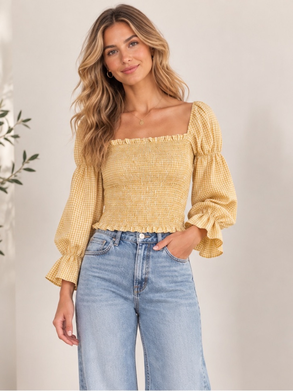 NWT Urban Outfitters Gingham Cinched-Sleeve Blouse Size M